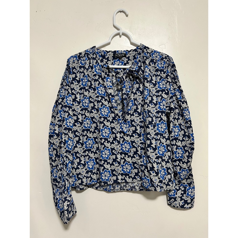 J.Crew V-neck tie top in floral cotton-blend dobby Blue Floral Tie Modal Blouse